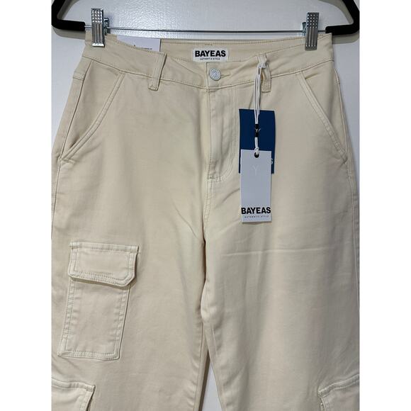 Bayeas High Rise Wide Leg Beige Cargo Jeans Size 26 NWT Stretchy Utility - Picture 3 of 14